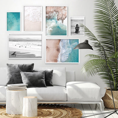 Catching the Surf B&W Landscape - Art Print, Poster, Stretched Canvas or Framed Wall Art, shown framed in a home interior space