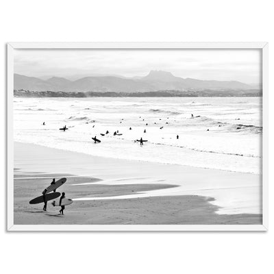 Catching the Surf B&W Landscape - Art Print, Poster, Stretched Canvas, or Framed Wall Art Print, shown in a white frame