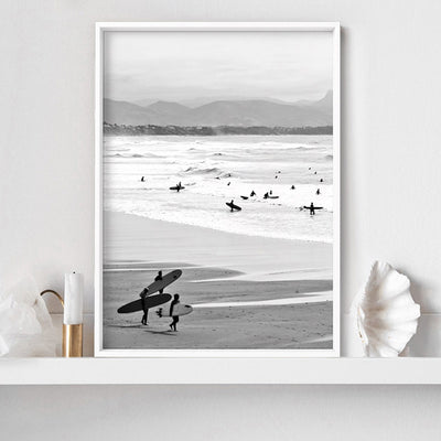 Catching the Surf B&W- Art Print, Poster, Stretched Canvas or Framed Wall Art Prints, shown framed in a room