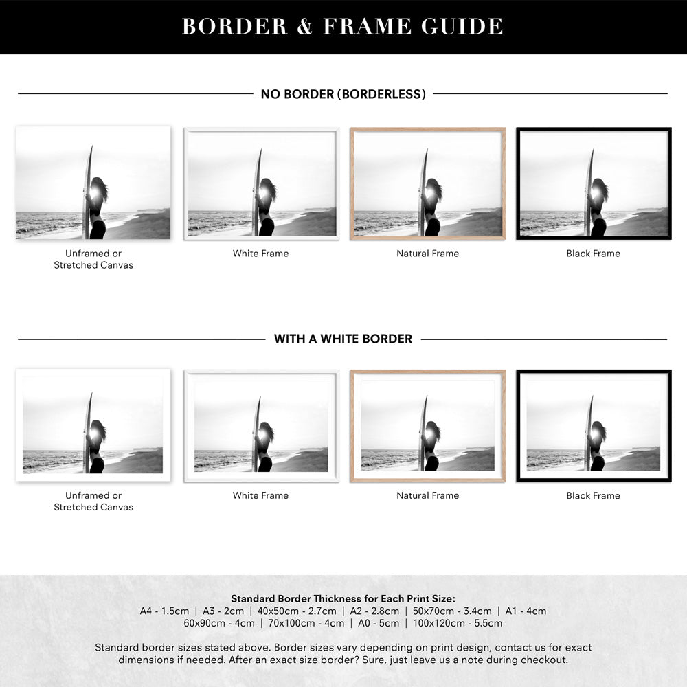 Sunrise Surfer B&W - Art Print, Poster, Stretched Canvas or Framed Wall Art, Showing White , Black, Natural Frame Colours, No Frame (Unframed) or Stretched Canvas, and With or Without White Borders