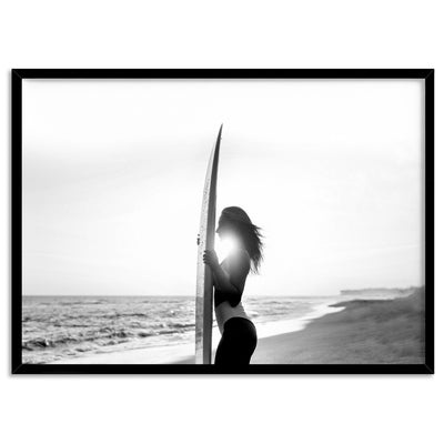 Sunrise Surfer B&W - Art Print, Poster, Stretched Canvas, or Framed Wall Art Print, shown in a black frame