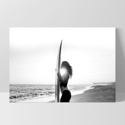 Sunrise Surfer B&W - Art Print, Poster, Stretched Canvas, or Framed Wall Art Print, shown as a stretched canvas or poster without a frame