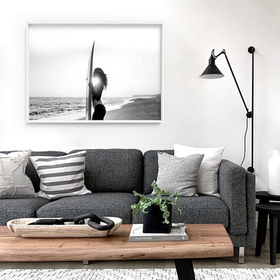 Sunrise Surfer B&W - Art Print, Poster, Stretched Canvas or Framed Wall Art Prints, shown framed in a room