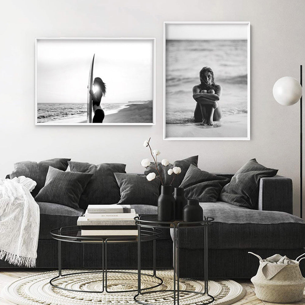 Sunrise Surfer B&W - Art Print, Poster, Stretched Canvas or Framed Wall Art, shown framed in a home interior space