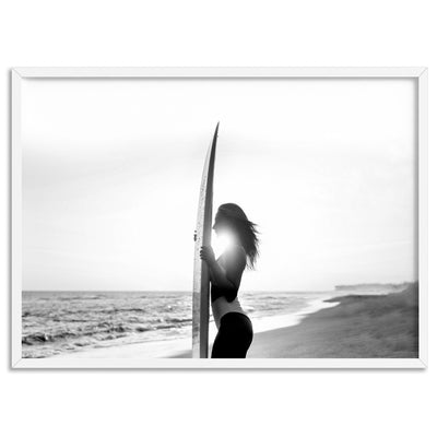 Sunrise Surfer B&W - Art Print, Poster, Stretched Canvas, or Framed Wall Art Print, shown in a white frame
