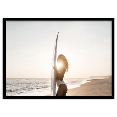 Sunrise Surfer - Art Print, Poster, Stretched Canvas, or Framed Wall Art Print, shown in a black frame
