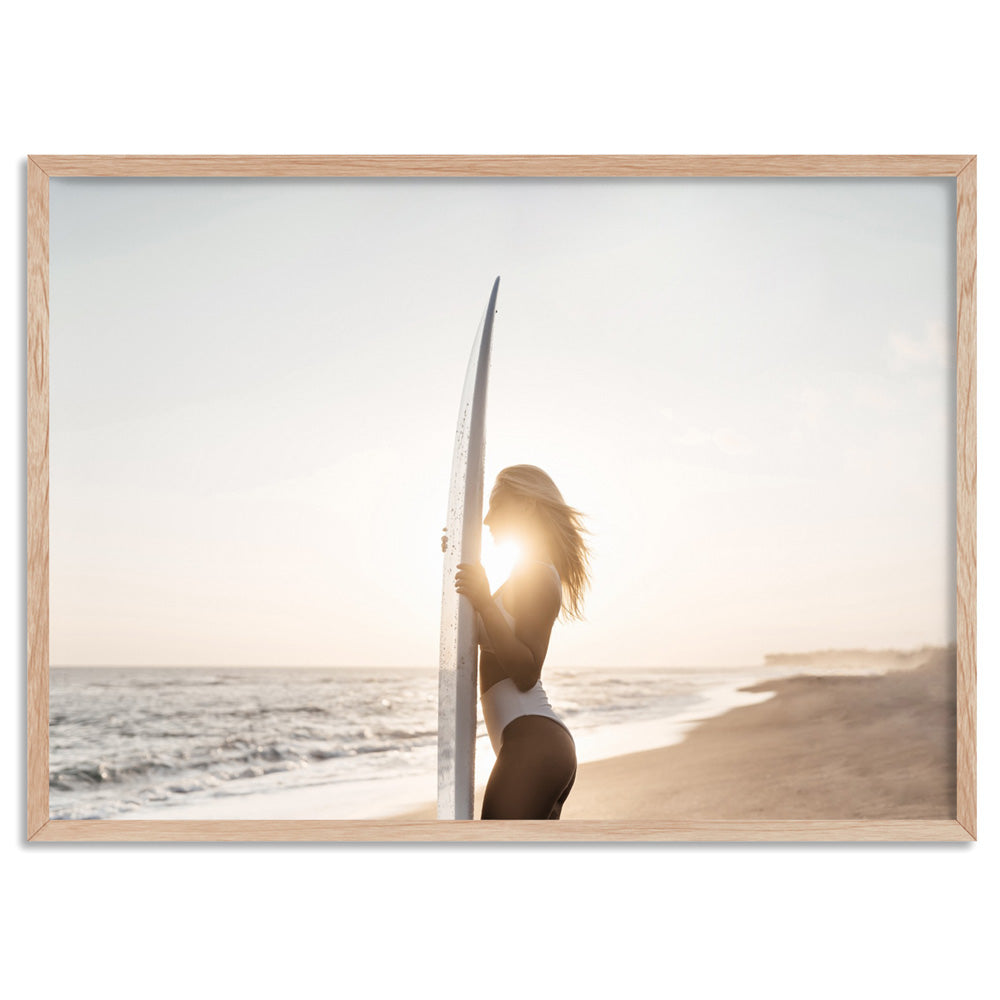 Sunrise Surfer - Art Print, Poster, Stretched Canvas, or Framed Wall Art Print, shown in a natural timber frame