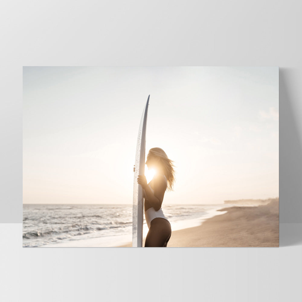 Sunrise Surfer - Art Print, Poster, Stretched Canvas, or Framed Wall Art Print, shown as a stretched canvas or poster without a frame