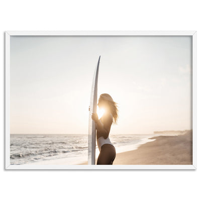 Sunrise Surfer - Art Print, Poster, Stretched Canvas, or Framed Wall Art Print, shown in a white frame
