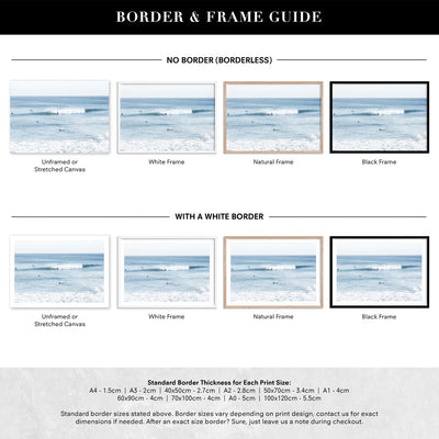 Blue Ocean Surfers - Art Print, Poster, Stretched Canvas or Framed Wall Art, Showing White , Black, Natural Frame Colours, No Frame (Unframed) or Stretched Canvas, and With or Without White Borders