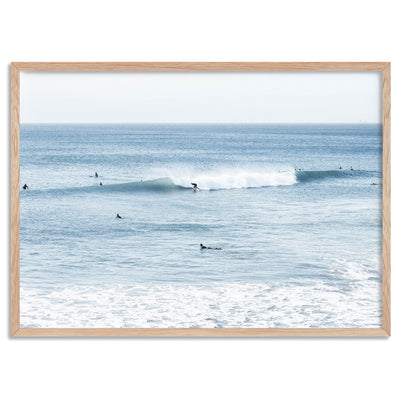 Blue Ocean Surfers - Art Print, Poster, Stretched Canvas, or Framed Wall Art Print, shown in a natural timber frame