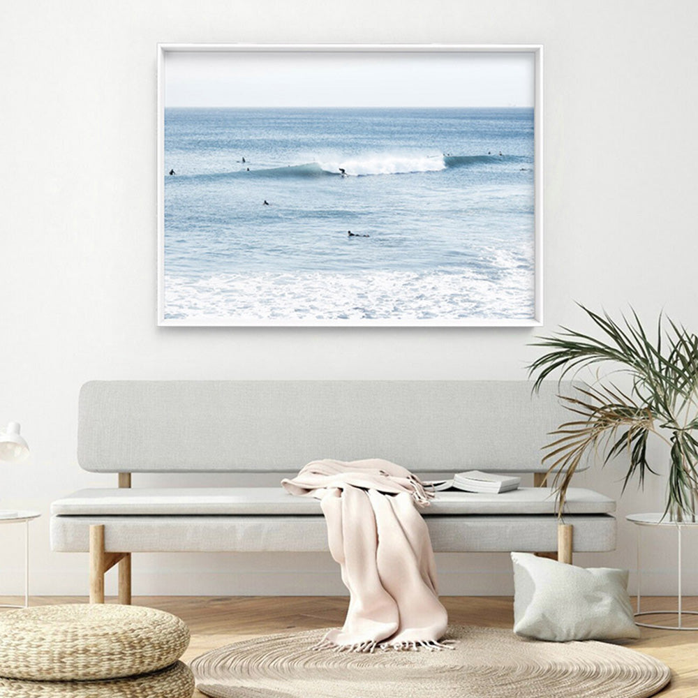 Blue Ocean Surfers - Art Print, Poster, Stretched Canvas or Framed Wall Art Prints, shown framed in a room