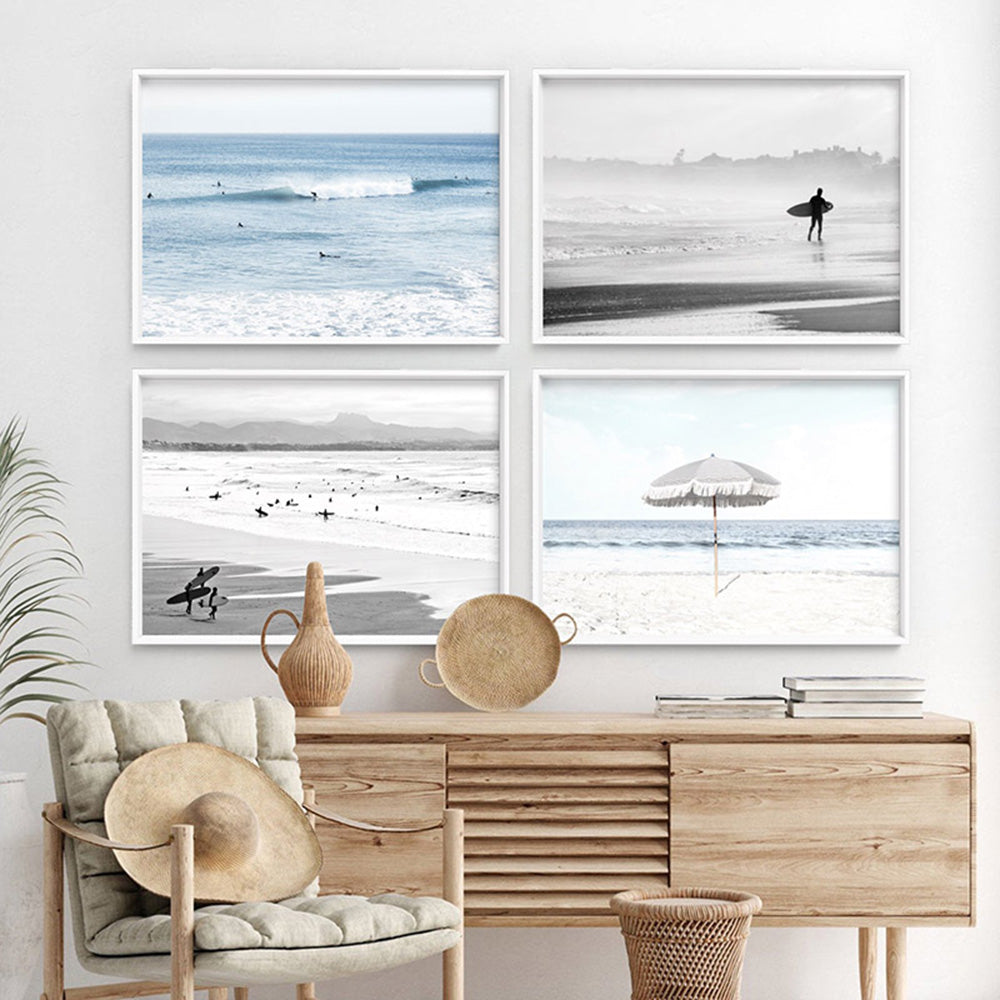 Blue Ocean Surfers - Art Print, Poster, Stretched Canvas or Framed Wall Art, shown framed in a home interior space