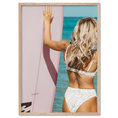 Surfer Girl Pose - Art Print, Poster, Stretched Canvas, or Framed Wall Art Print, shown in a natural timber frame