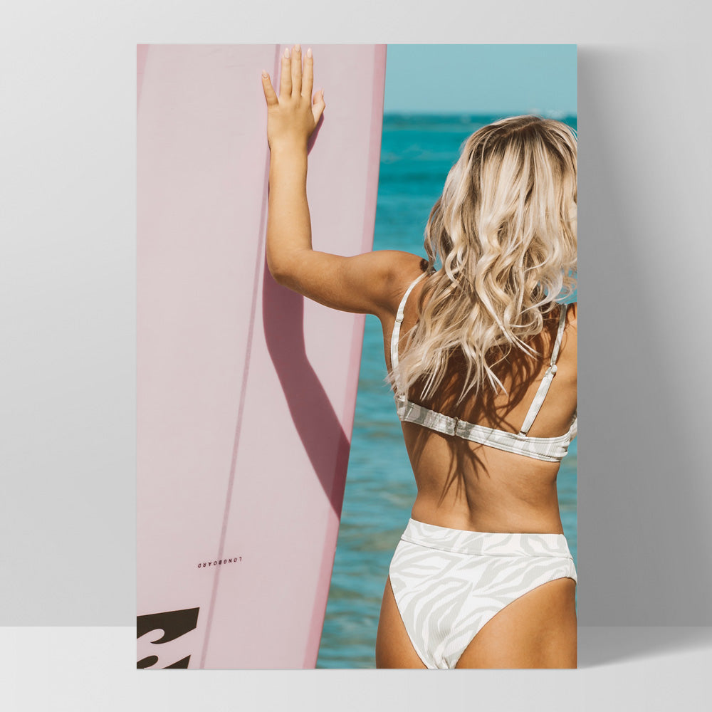 Surfer Girl Pose - Art Print, Poster, Stretched Canvas, or Framed Wall Art Print, shown as a stretched canvas or poster without a frame