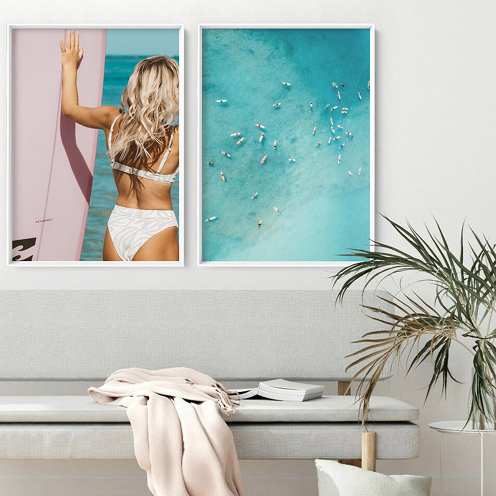 Surfer Girl Pose - Art Print, Poster, Stretched Canvas or Framed Wall Art, shown framed in a home interior space