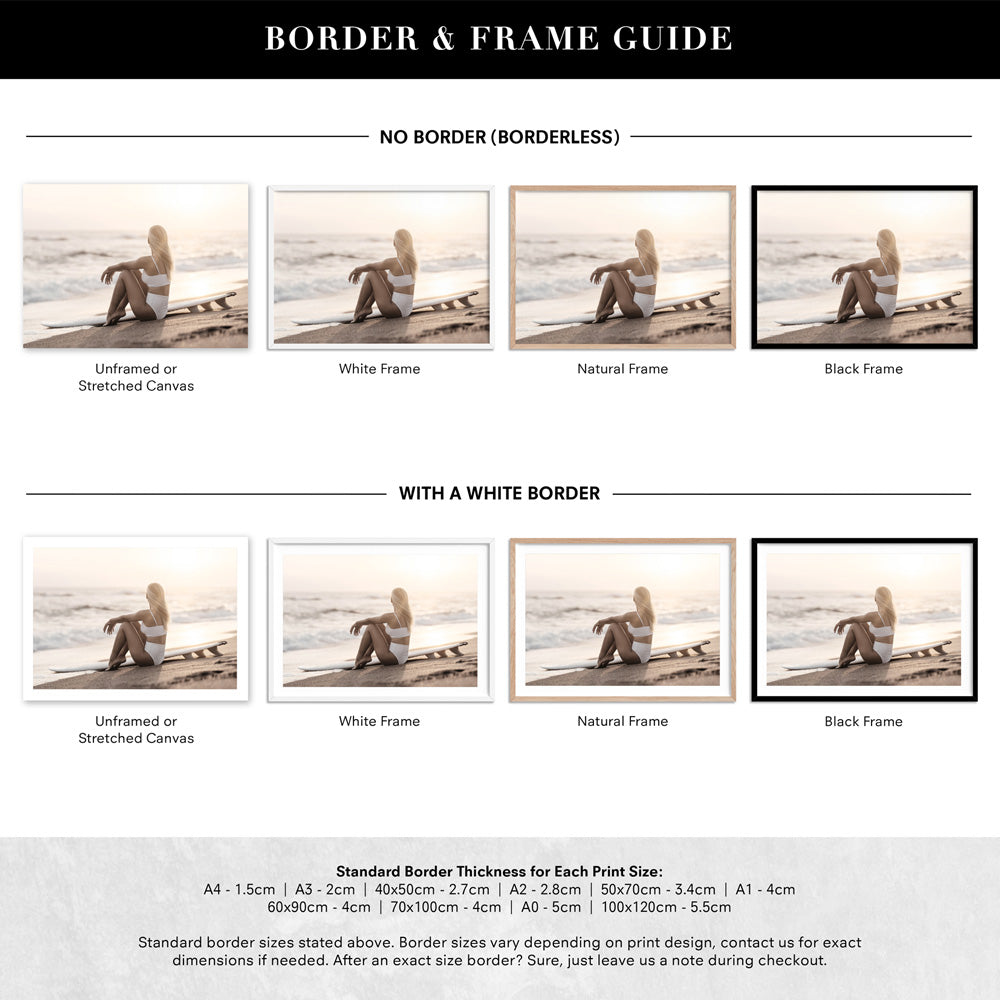Seaside Surfer Landscape - Art Print, Poster, Stretched Canvas or Framed Wall Art, Showing White , Black, Natural Frame Colours, No Frame (Unframed) or Stretched Canvas, and With or Without White Borders