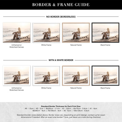 Seaside Surfer Landscape - Art Print, Poster, Stretched Canvas or Framed Wall Art, Showing White , Black, Natural Frame Colours, No Frame (Unframed) or Stretched Canvas, and With or Without White Borders