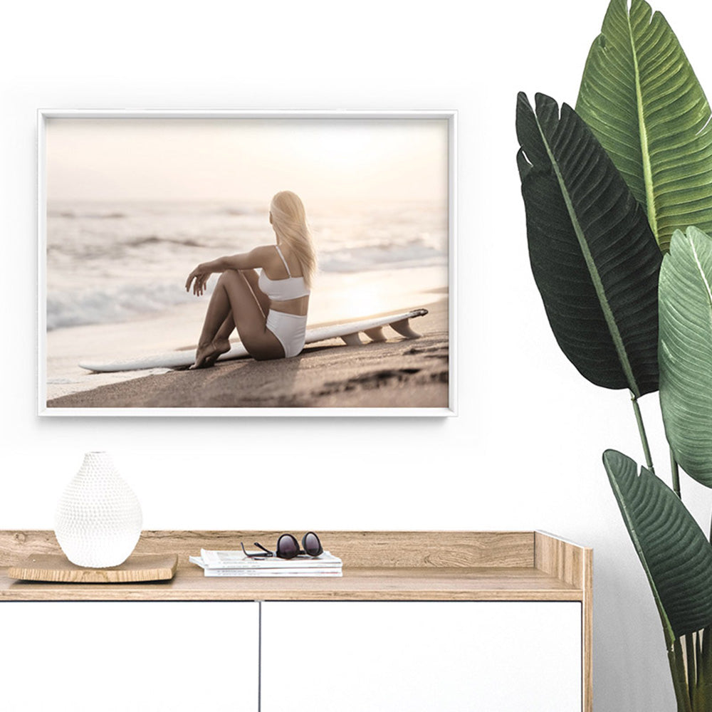 Seaside Surfer Landscape - Art Print, Poster, Stretched Canvas or Framed Wall Art Prints, shown framed in a room