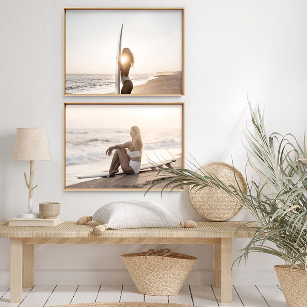 Seaside Surfer Landscape - Art Print, Poster, Stretched Canvas or Framed Wall Art, shown framed in a home interior space
