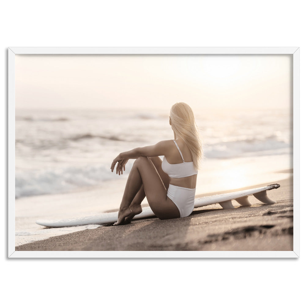Seaside Surfer Landscape - Art Print, Poster, Stretched Canvas, or Framed Wall Art Print, shown in a white frame