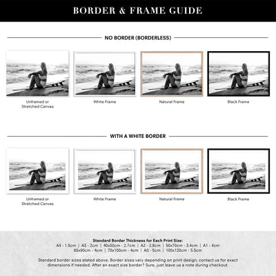 Seaside Surfer Landscape B&W - Art Print, Poster, Stretched Canvas or Framed Wall Art, Showing White , Black, Natural Frame Colours, No Frame (Unframed) or Stretched Canvas, and With or Without White Borders