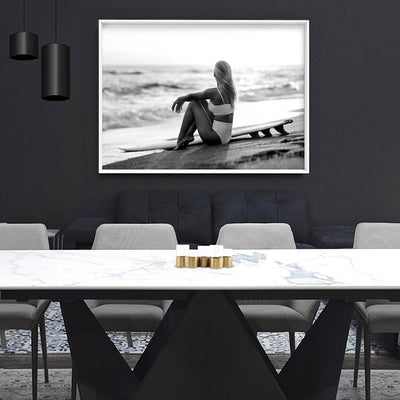 Seaside Surfer Landscape B&W - Art Print, Poster, Stretched Canvas or Framed Wall Art Prints, shown framed in a room