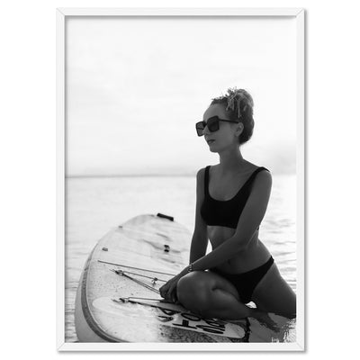 Surfer Girl | B&W - Art Print, Poster, Stretched Canvas, or Framed Wall Art Print, shown in a white frame