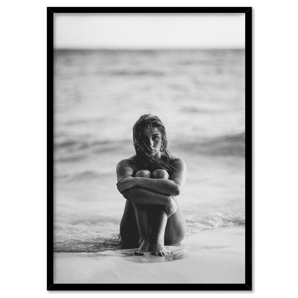 On the Beach B&W - Art Print, Poster, Stretched Canvas, or Framed Wall Art Print, shown in a black frame