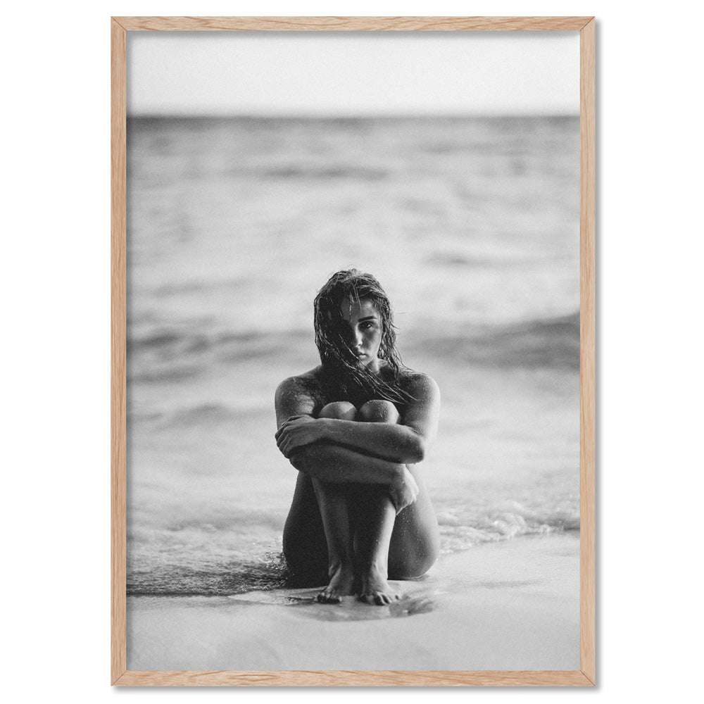 On the Beach B&W - Art Print, Poster, Stretched Canvas, or Framed Wall Art Print, shown in a natural timber frame