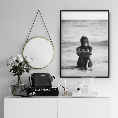 On the Beach B&W - Art Print, Poster, Stretched Canvas or Framed Wall Art Prints, shown framed in a room
