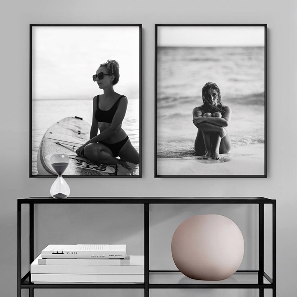 On the Beach B&W - Art Print, Poster, Stretched Canvas or Framed Wall Art, shown framed in a home interior space