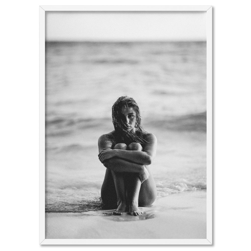 On the Beach B&W - Art Print, Poster, Stretched Canvas, or Framed Wall Art Print, shown in a white frame