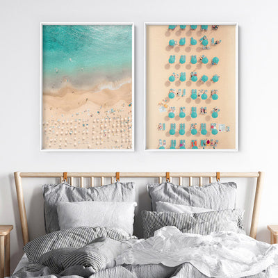 Aerial Beach Umbrellas  - Art Print, Poster, Stretched Canvas or Framed Wall Art, shown framed in a home interior space