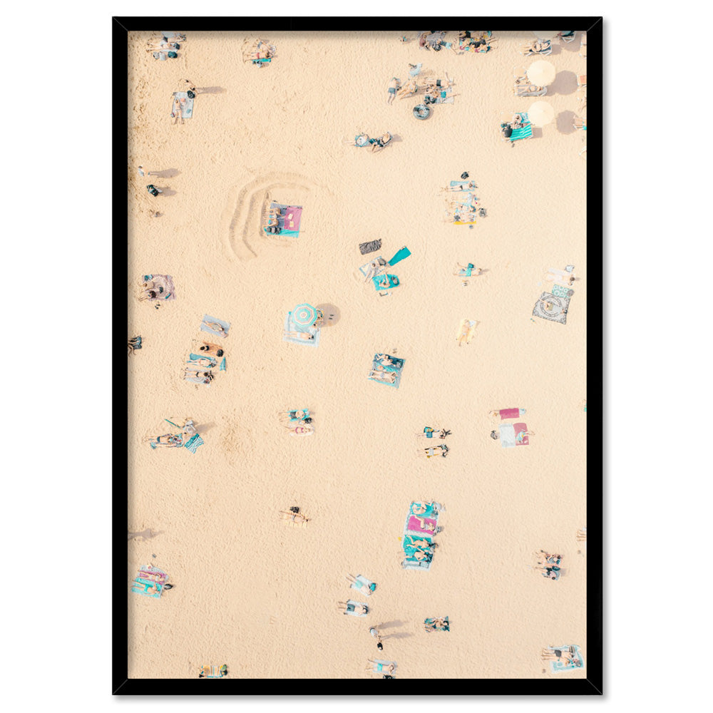 Sunbathers on Beach - Art Print, Poster, Stretched Canvas, or Framed Wall Art Print, shown in a black frame