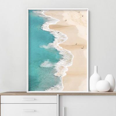 Aerial Beach & Turquoise Ocean - Art Print, Poster, Stretched Canvas or Framed Wall Art Prints, shown framed in a room