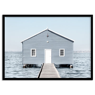 Blue Boat House - Art Print, Poster, Stretched Canvas, or Framed Wall Art Print, shown in a black frame