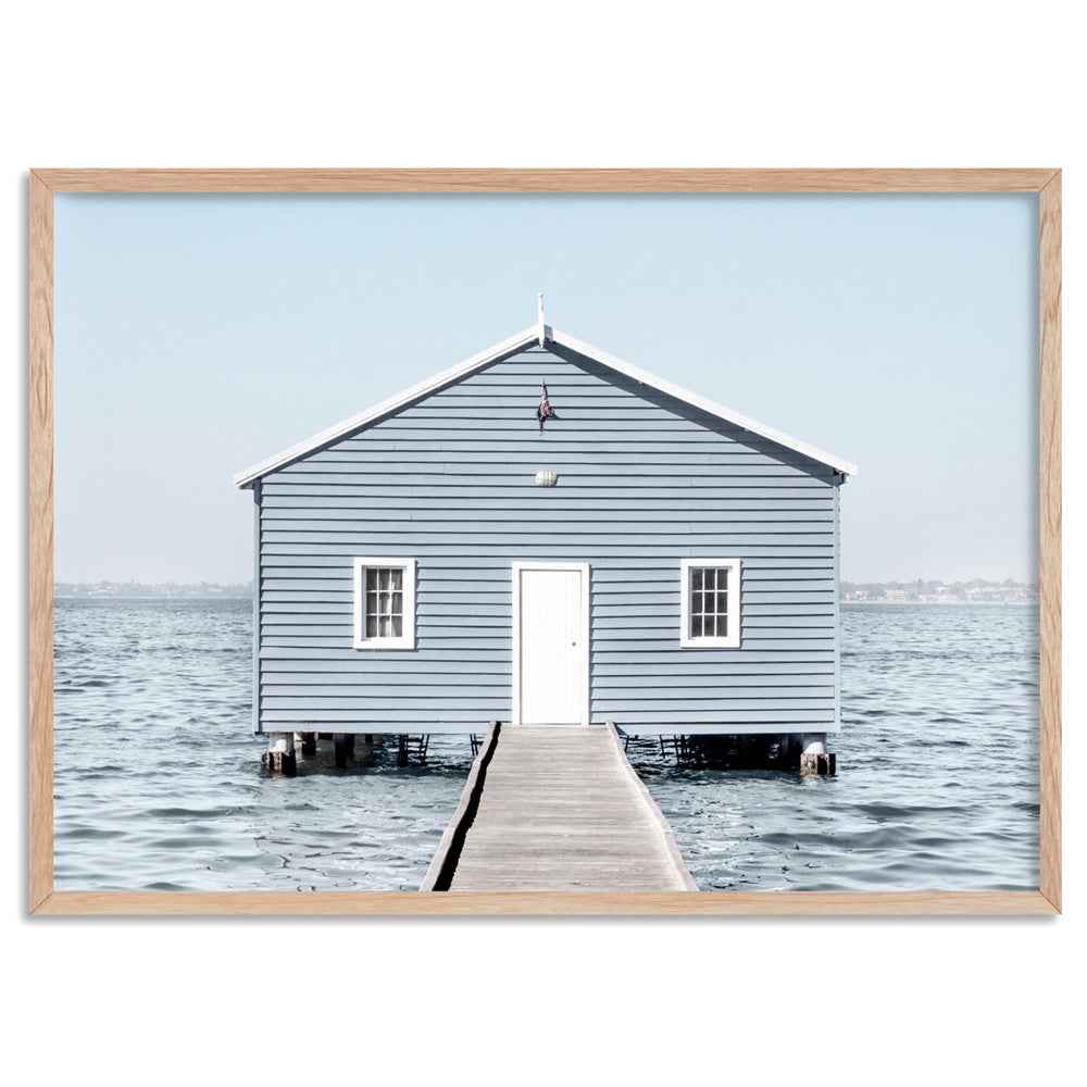 Blue Boat House - Art Print, Poster, Stretched Canvas, or Framed Wall Art Print, shown in a natural timber frame