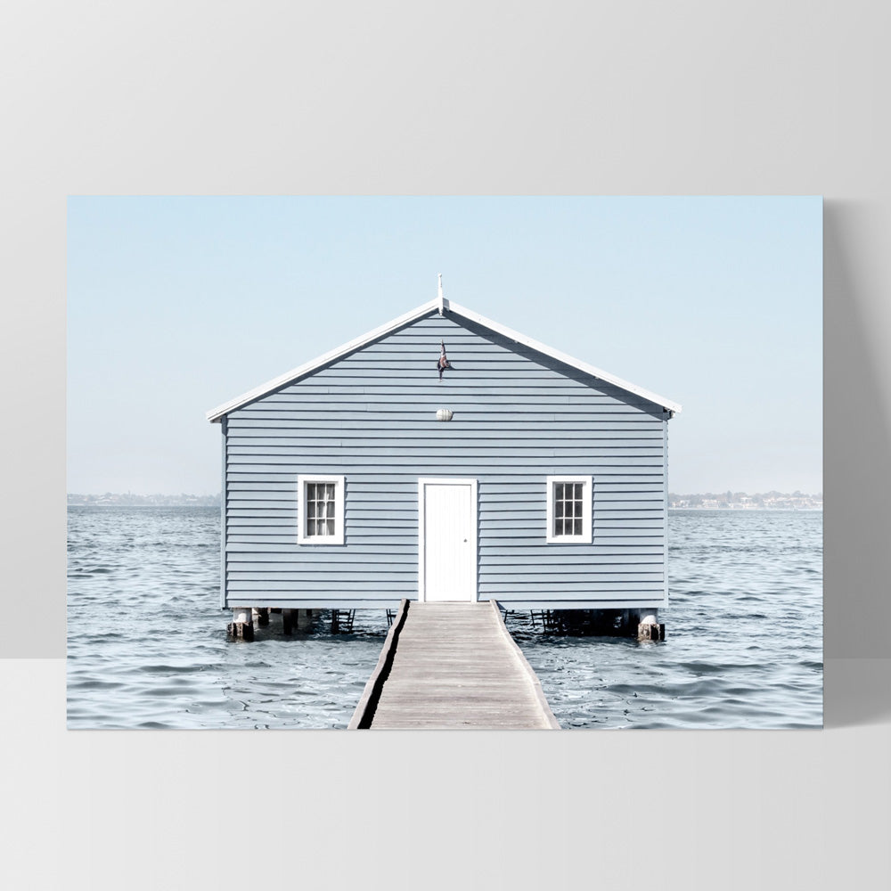 Blue Boat House - Art Print, Poster, Stretched Canvas, or Framed Wall Art Print, shown as a stretched canvas or poster without a frame