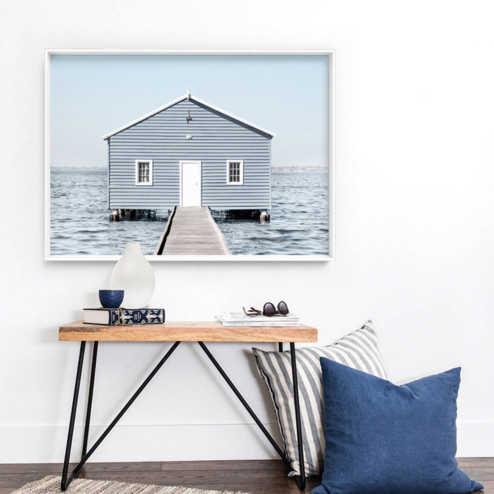 Blue Boat House - Art Print, Poster, Stretched Canvas or Framed Wall Art Prints, shown framed in a room