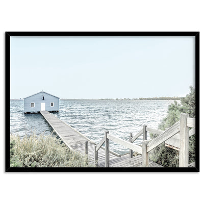 Blue Boat House View - Art Print, Poster, Stretched Canvas, or Framed Wall Art Print, shown in a black frame