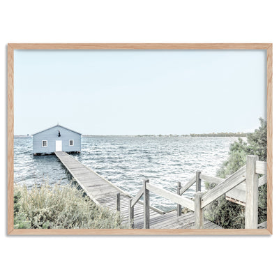 Blue Boat House View - Art Print, Poster, Stretched Canvas, or Framed Wall Art Print, shown in a natural timber frame