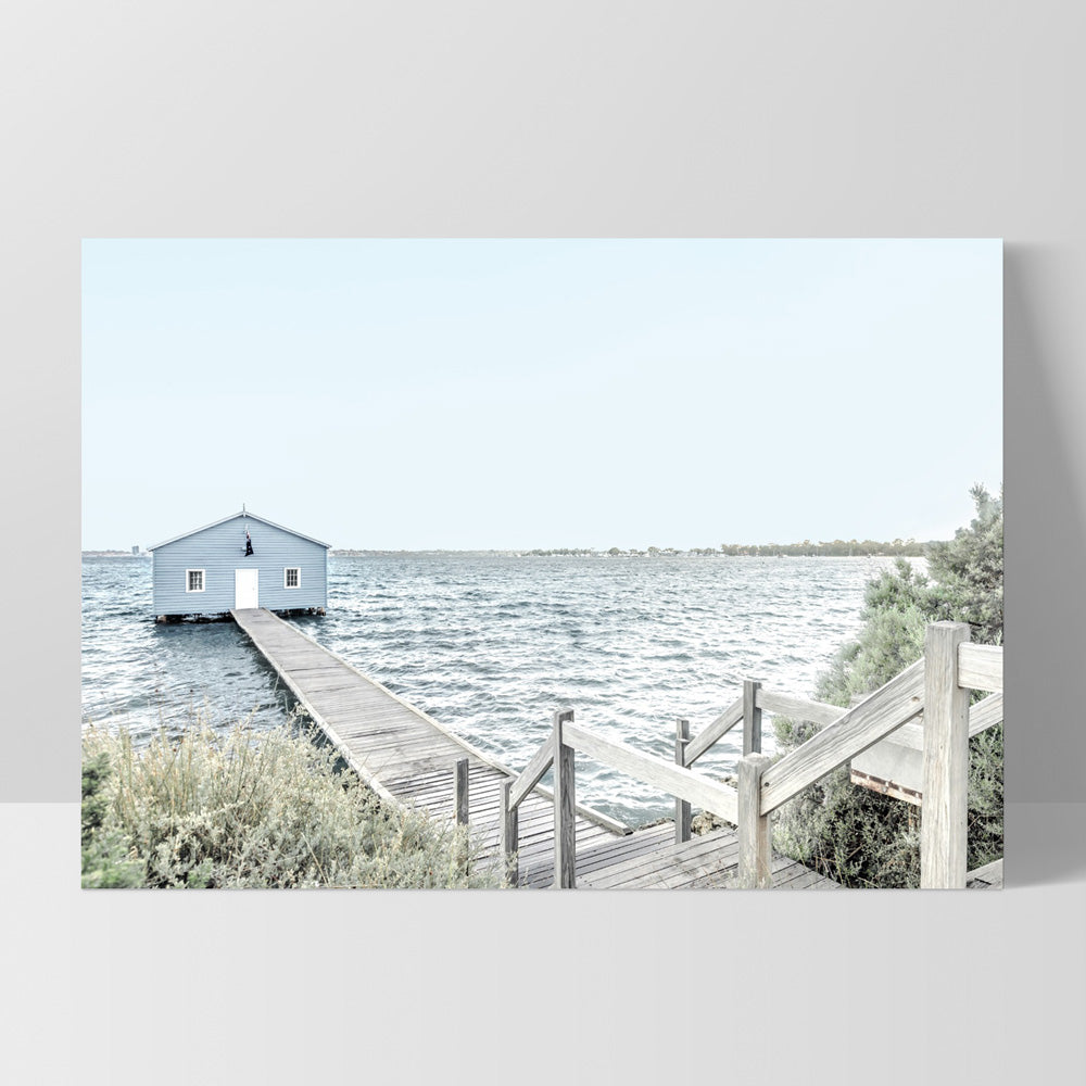 Blue Boat House View - Art Print, Poster, Stretched Canvas, or Framed Wall Art Print, shown as a stretched canvas or poster without a frame