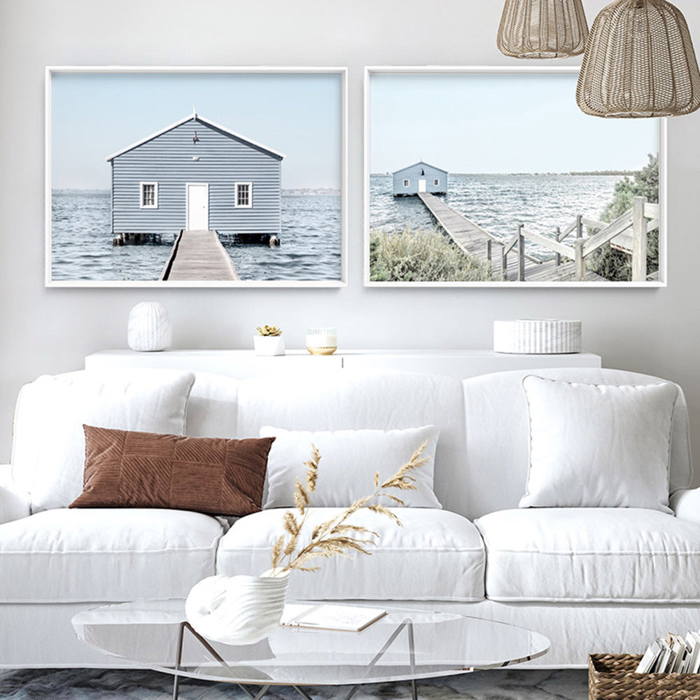 Blue Boat House View - Art Print, Poster, Stretched Canvas or Framed Wall Art, shown framed in a home interior space