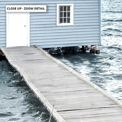 Blue Boat House View - Art Print, Poster, Stretched Canvas or Framed Wall Art, Close up View of Print Resolution