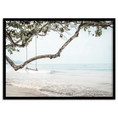 Swing by the Beach - Art Print, Poster, Stretched Canvas, or Framed Wall Art Print, shown in a black frame
