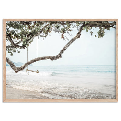Swing by the Beach - Art Print, Poster, Stretched Canvas, or Framed Wall Art Print, shown in a natural timber frame