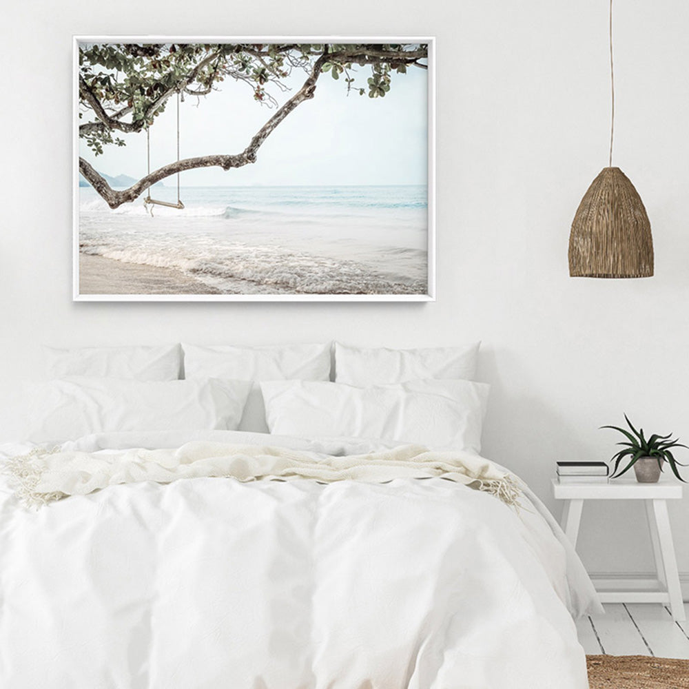 Swing by the Beach - Art Print, Poster, Stretched Canvas or Framed Wall Art Prints, shown framed in a room