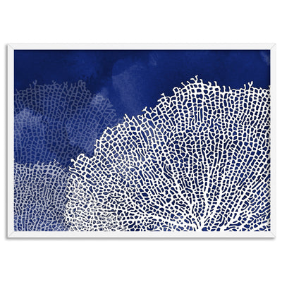 Coral Sea Fans Landscape Blues - Art Print, Poster, Stretched Canvas, or Framed Wall Art Print, shown in a white frame