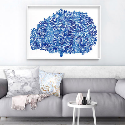 Coral Sea Fan Blue - Art Print, Poster, Stretched Canvas or Framed Wall Art Prints, shown framed in a room